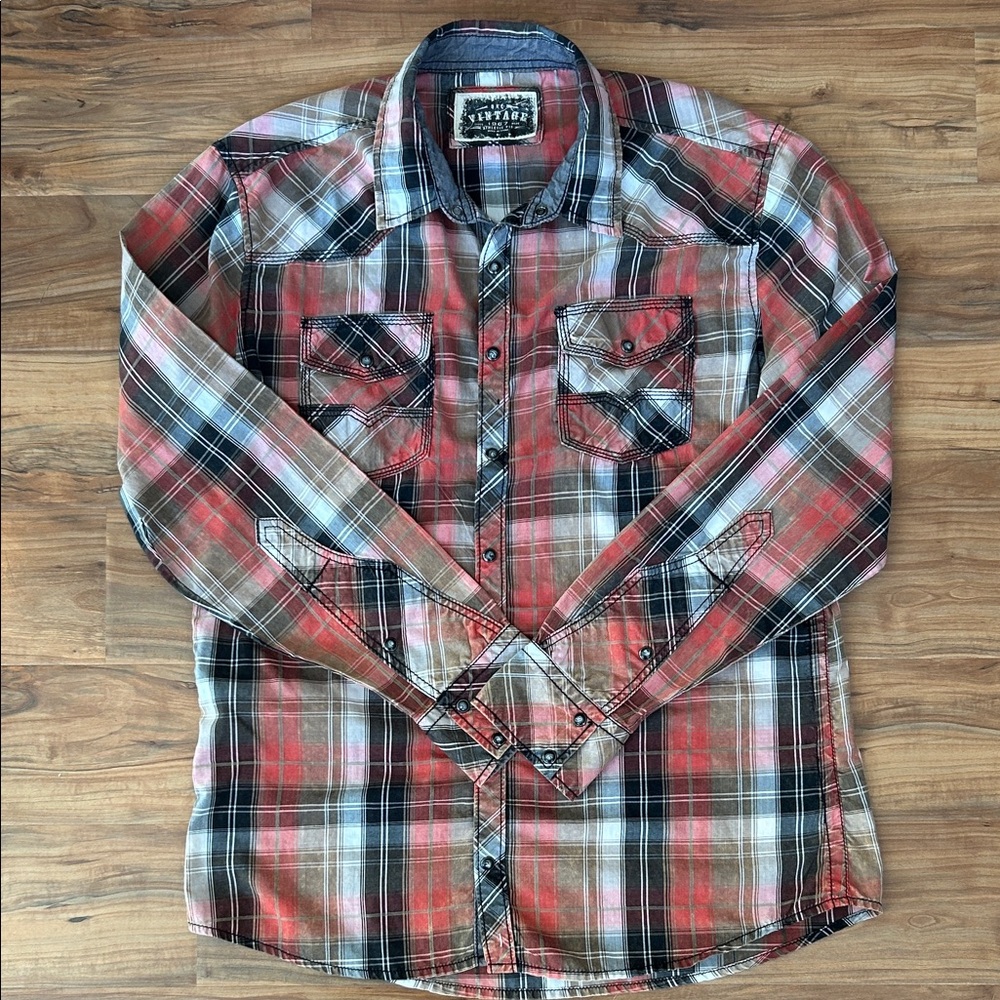 BKE Western Pearl Snap Shirt Men’s Acid Wash Contrast Stitching Size Large
